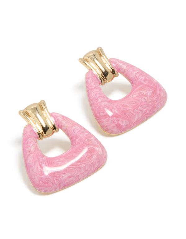 Statement bar stud earrings with pink marbled acrylic and gold finish front view