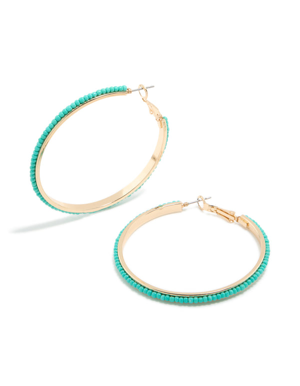 Gold Aqua Beaded Large Thin Hoop Earrings