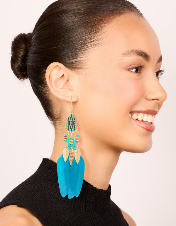 Blue Feather & Beaded Drop Earrings