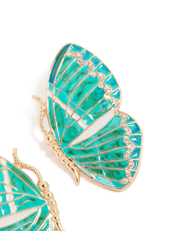 Gold Aqua Enamel Butterfly Stud Earrings