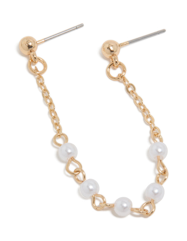 Showcasing a gold pearl chain link stud earring with featuring white accents and closure detail front view
