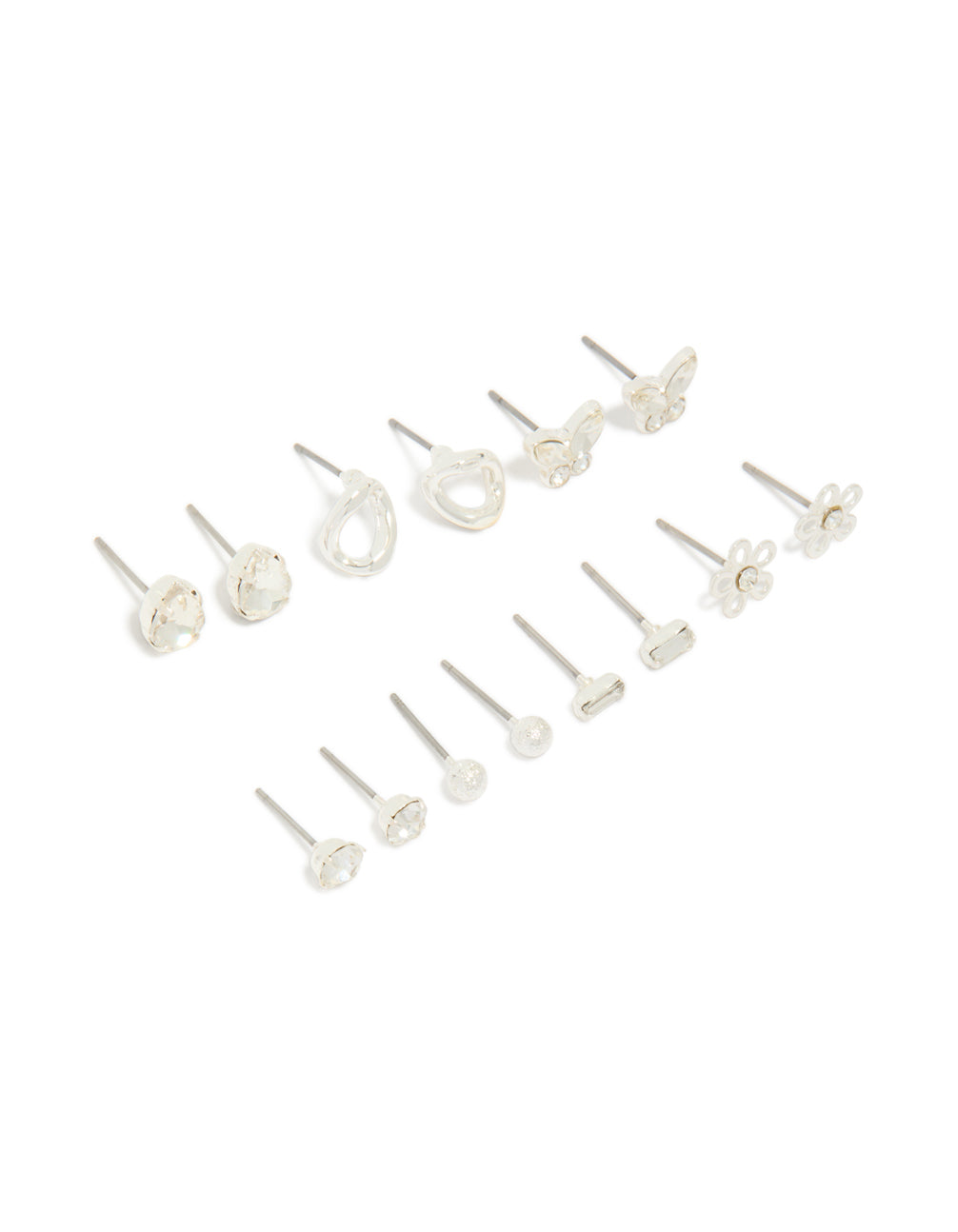 Showcasing a silver and diamante teardrop earrings 7-pack featuring butterfly, ball, and floral accents with clear stone details and stud closure front view