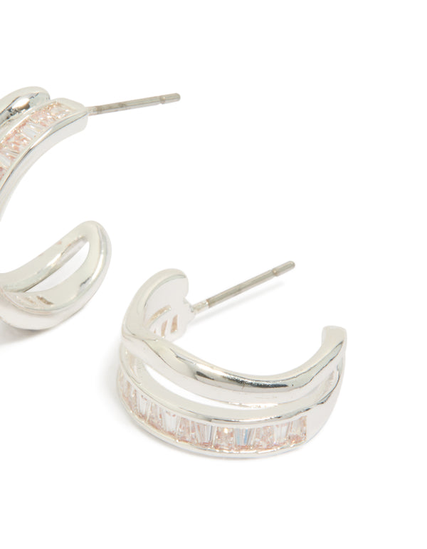 Displaying silver plated cubic zirconia illusion baguette hoop earrings in statement style post detail view