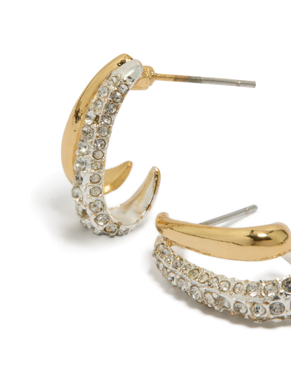 Explore these statement mixed metal double layered diamante earrings with gold and silver plated finish close up view