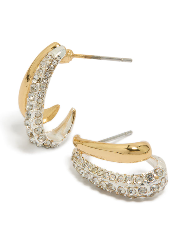 Showcasing statement mixed metal double layered diamante earrings crafted from gold and silver plated materials front view