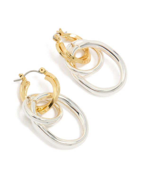 Beautifully crafted mixed metal plated double link illusion hoop earrings featuring statement style in gold and silver front view