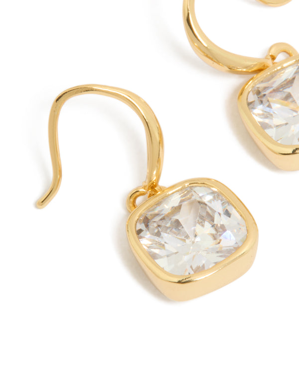 Elegant square hook earrings with cubic zirconia crafted from gold plated metal close up view