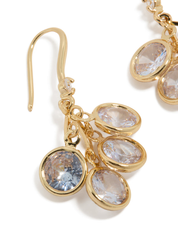 Showcasing gold plated cubic zirconia cluster drop hook earrings with charm details close up view