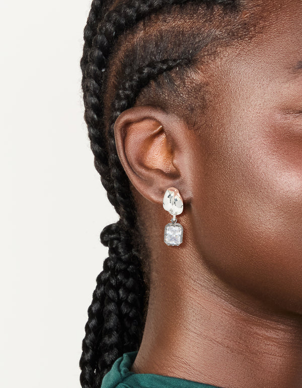 Silver & Gunmetal Plated Cubic Zirconia Square Drop Earrings