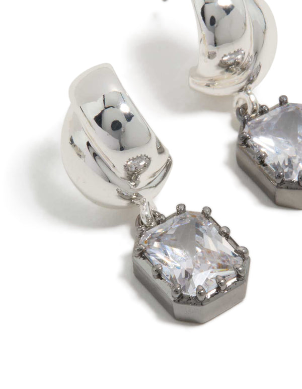 Featuring statement drop earrings with square cubic zirconia stones in gunmetal plated setting close up view