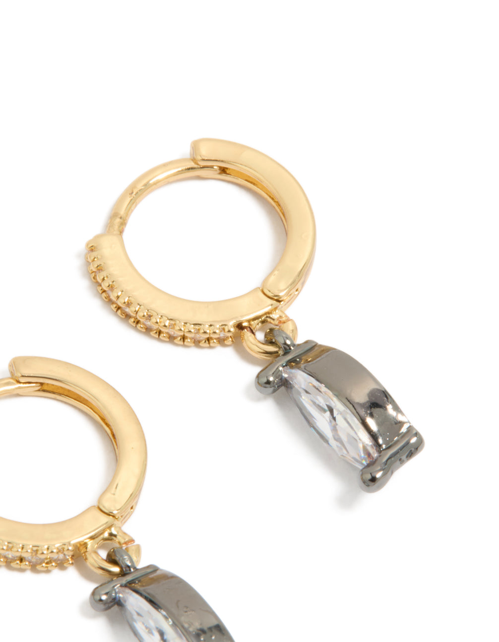 Highlighting mixed metal plated cubic zirconia oval huggie drop earrings in gold, silver, and clear stone post detail view
