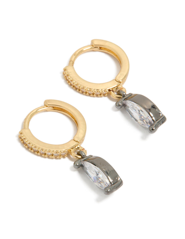 Beautifully crafted mixed metal plated cubic zirconia oval huggie drop earrings in gold, silver, and clear tones front view