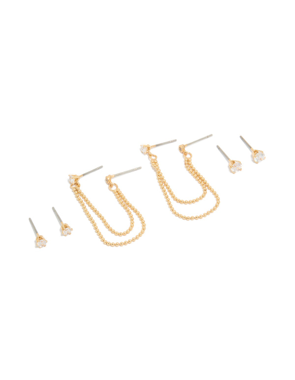 Gold Plated Cubic Zirconia Double Layered Chain & Stud Earrings 3-Pack