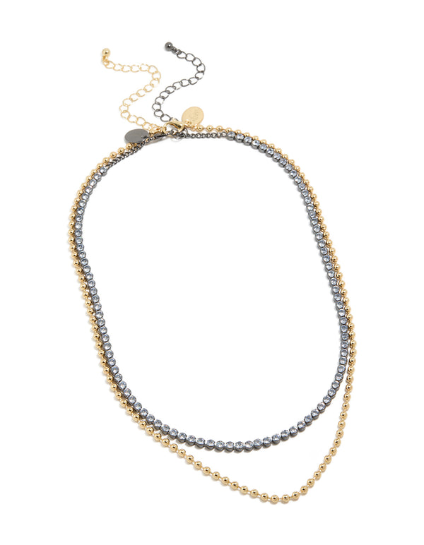 Elegant mixed metal plated cubic zirconia double layered tennis ball chain necklace in gold front view