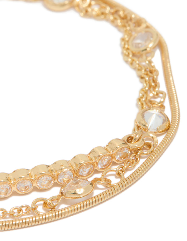 Gold Plated Cubic Zirconia Bezel Stone Bracelets 3-Pack