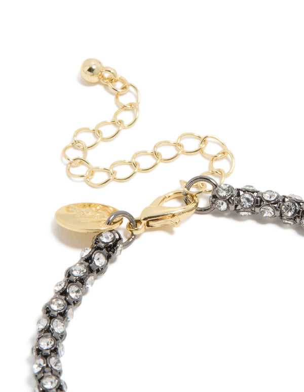 Detailed mixed metal plated diamante fireball chain bracelet featuring cubic zirconia in silver and gold closure detail view