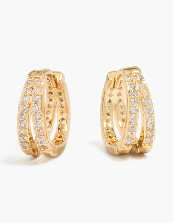 Gold Plated Pavé Cubic Zirconia Layered Huggie Earrings