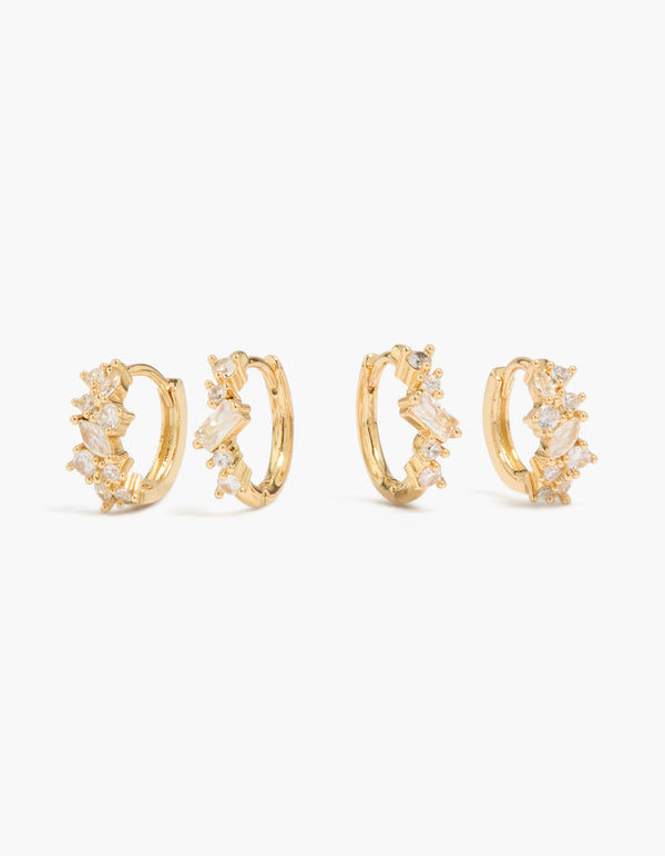 Gold Plated Cluster Cubic Zirconia Huggie Earrings 2-Pack