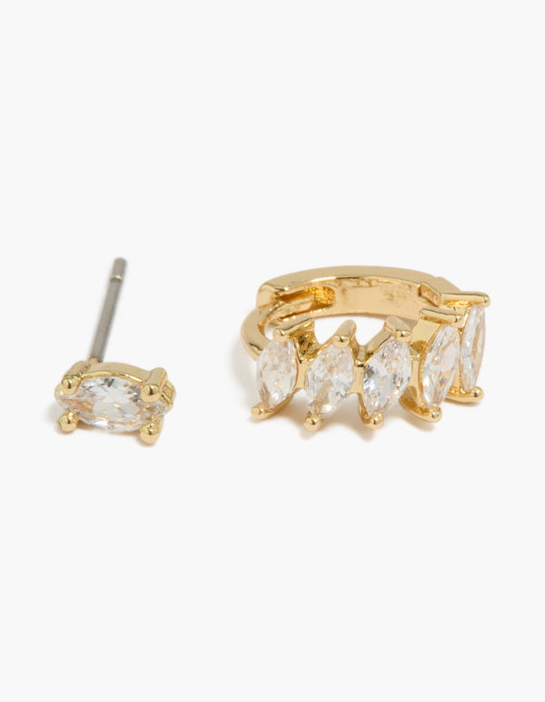 Presenting gold plated marquise cubic zirconia huggie and stud earrings 2-pack in a close up view