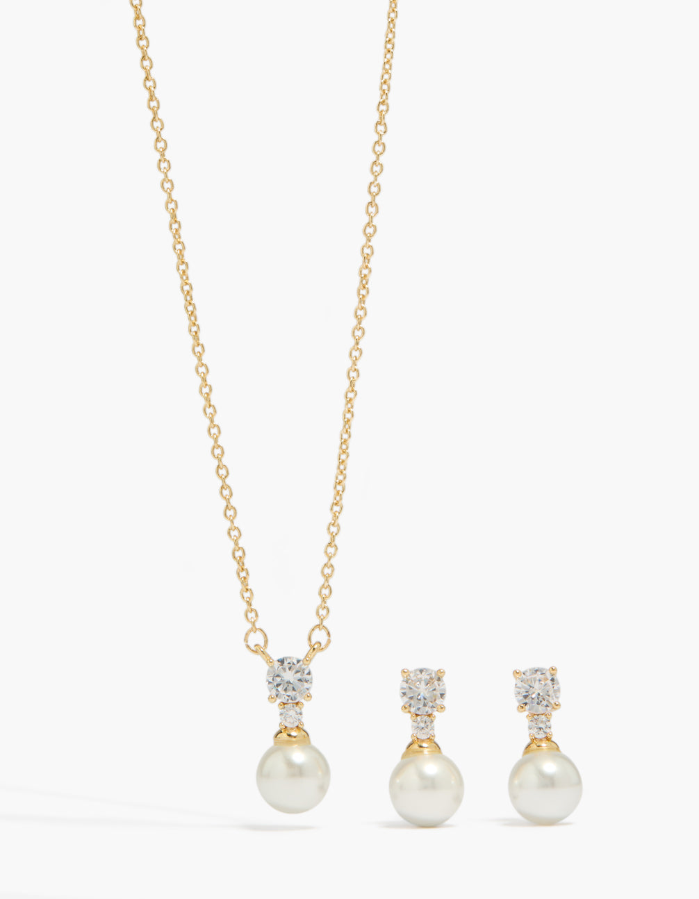 Gold Plated Cubic Zirconia Pearl Necklace & Earrings Set