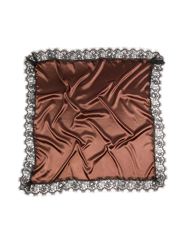 Showcasing a chocolate brown long scarf with solid print and black lace edge detailing front view