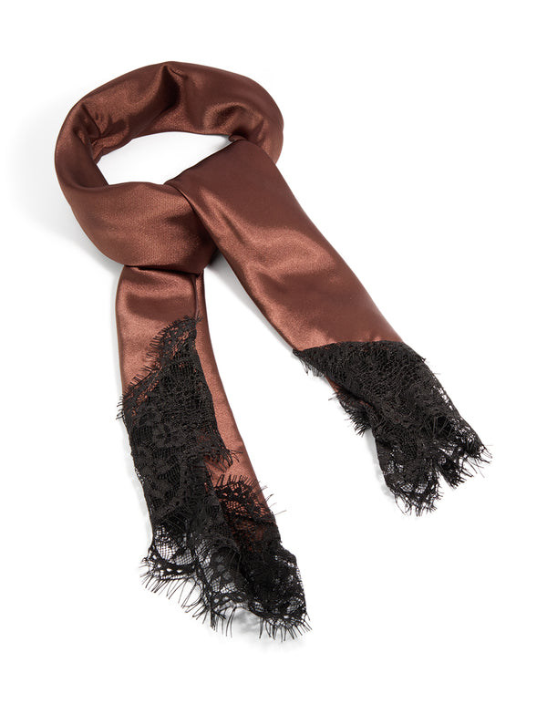 Showcasing a chocolate brown long scarf with solid print and black lace edge detailing front view