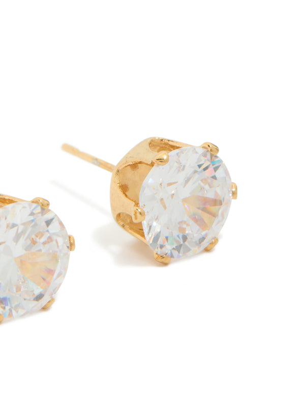 Showcasing waterproof statement stud earrings in gold plated stainless steel featuring 3 carat round cut cubic zirconia post detail view