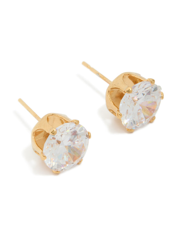 Discover waterproof statement stud earrings crafted from gold plated stainless steel featuring 3 carat round cut cubic zirconia stones front view