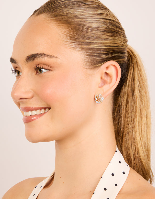 Gold Plated Cubic Zirconia & Pearl Cluster Stud Earrings