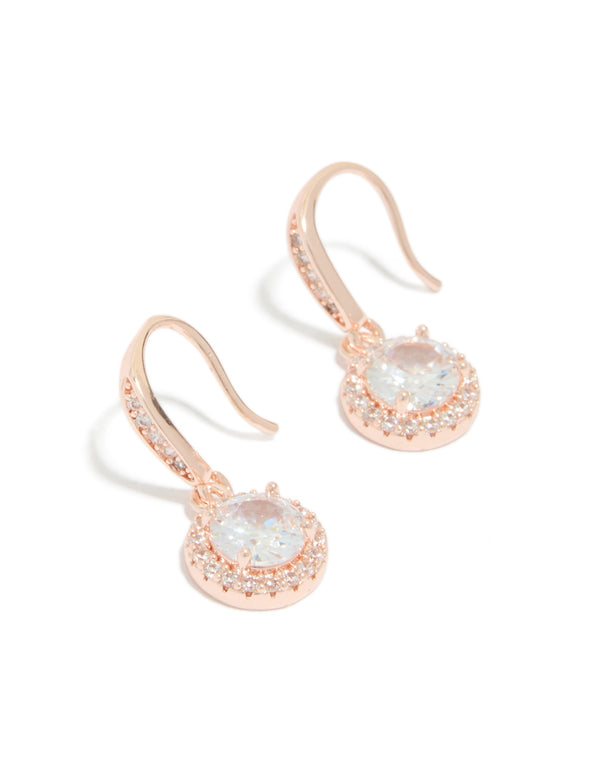 Showcasing rose gold plated cubic zirconia round halo drop earrings detail view