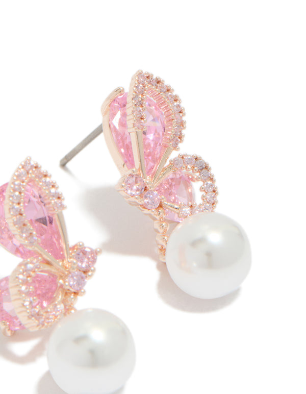 Beautiful rose gold plated cubic zirconia butterfly pearl drop earrings post detail view
