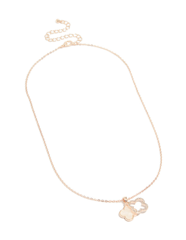 Sophisticated floral pendant necklace with diamante and pink outline, crafted from rose gold plated material featuring cubic zirconia front view