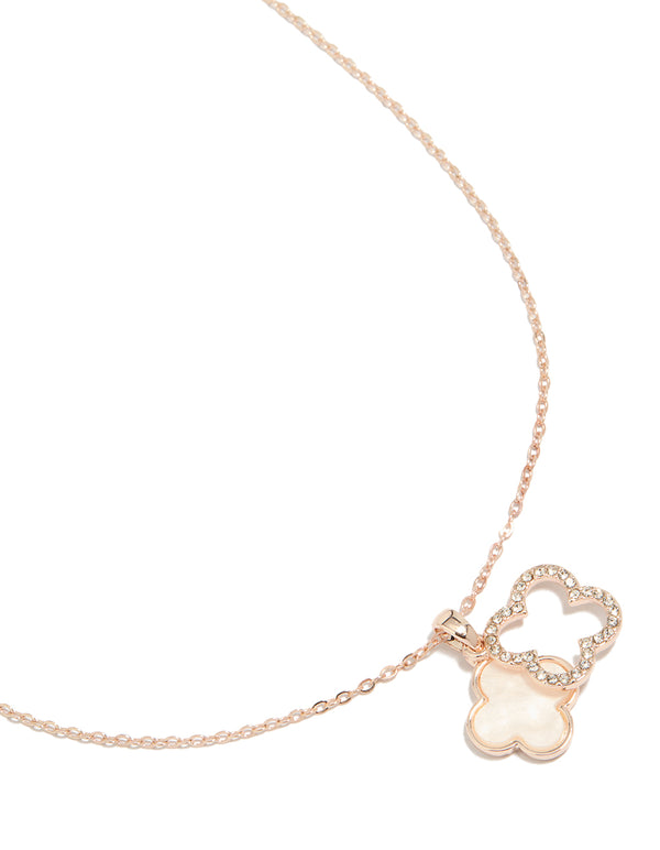 Elegant floral pendant necklace featuring diamante detailing with pink outline, crafted from rose gold plated material and cubic zirconia close up view