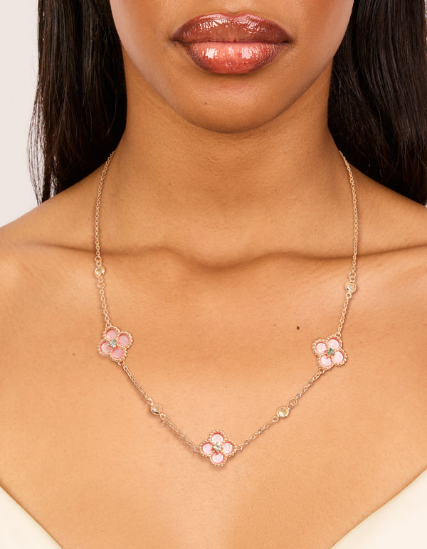 Rose Gold Plated Cubic Zirconia Centre Pink Flower Charms Necklace