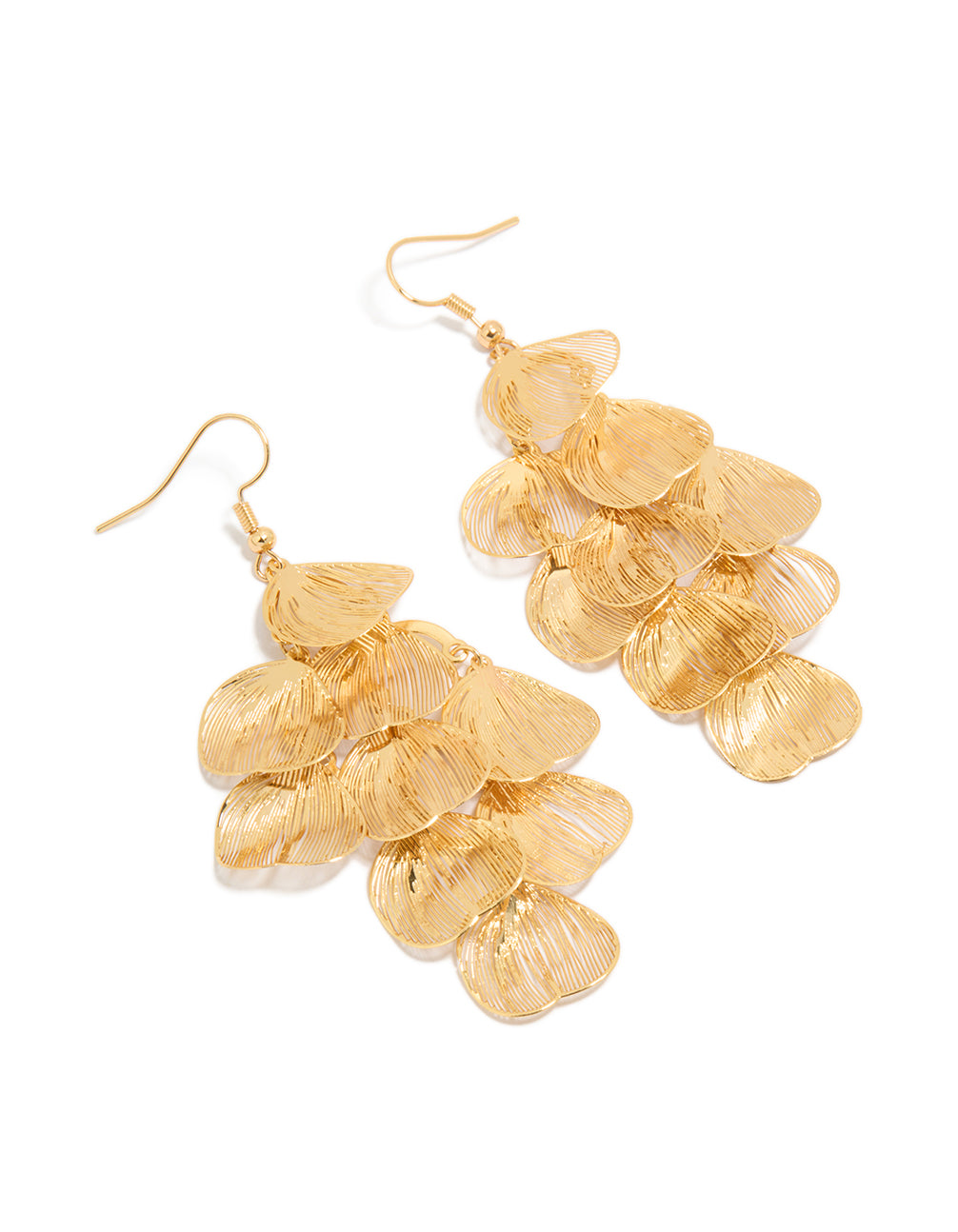 Showcasing statement drop earrings featuring laser cut petal layering with floral leaf details in gold front view