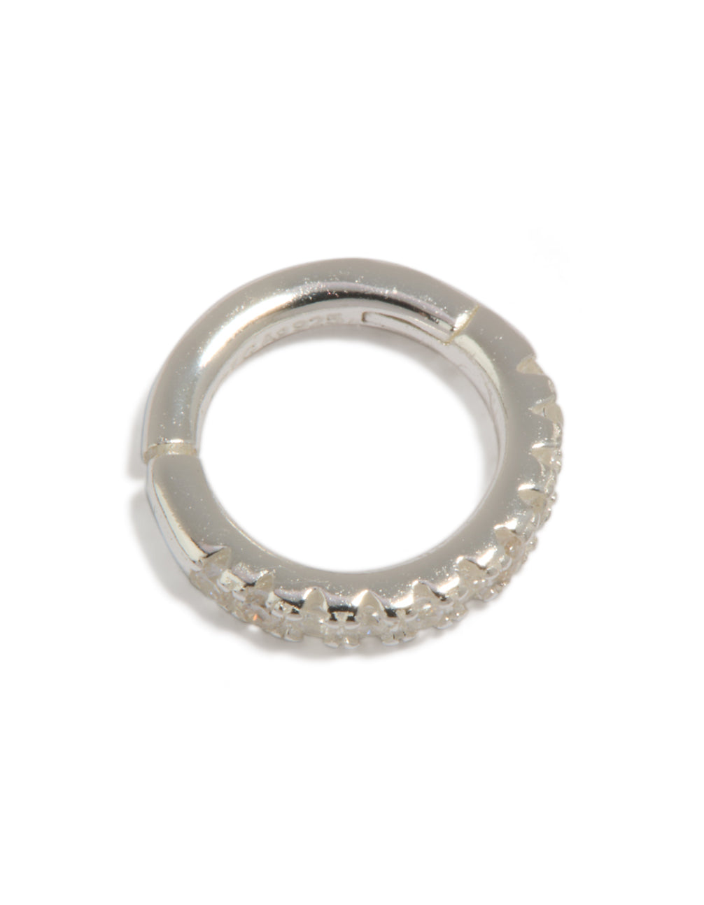 Features a sterling silver cubic zirconia clicker ring with huggie closure in chunky silver style front view