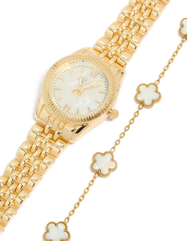 Elegant gold watch and flower bracelet set with white dial, roman numerals, round shape, formal occasion styling, link band, and analog display front view