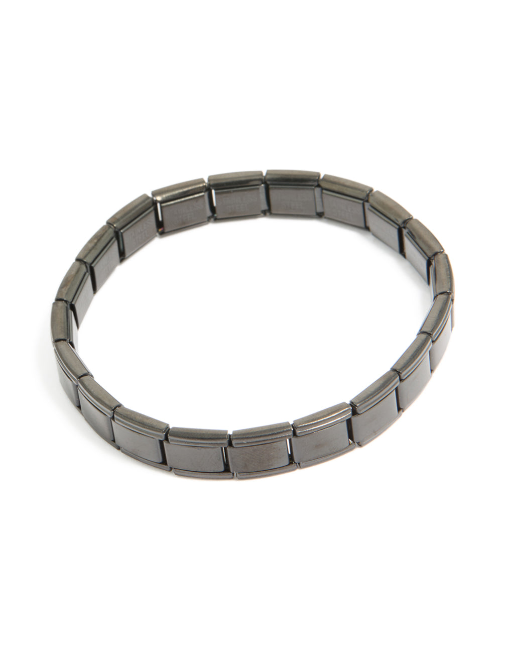 Showcasing a waterproof mens black coated metal stainless steel stretch link chain bracelet in dimgrey front view