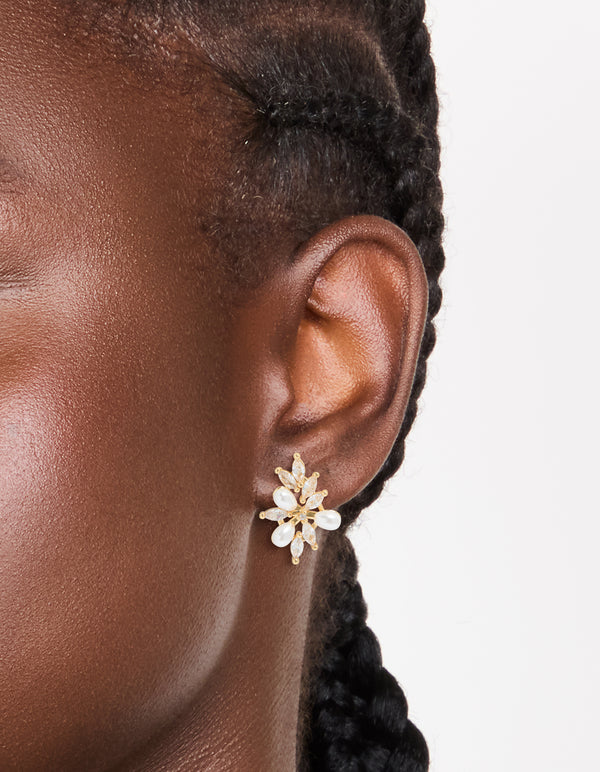 Gold Plated Cubic Zirconia Organic Flower & Pearl Earrings