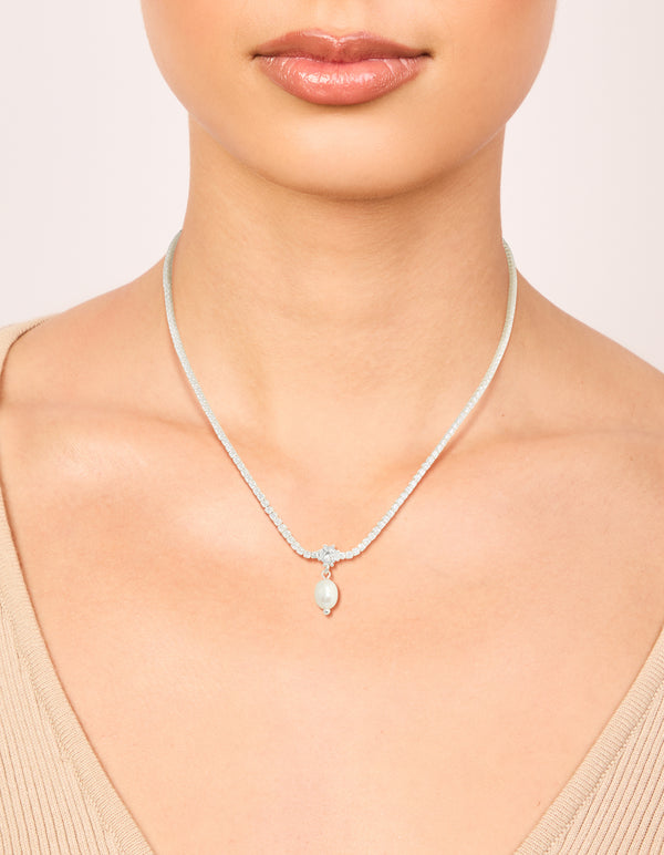 Silver Plated Cubic Zirconia & Freshwater Pearl Tennis Necklace