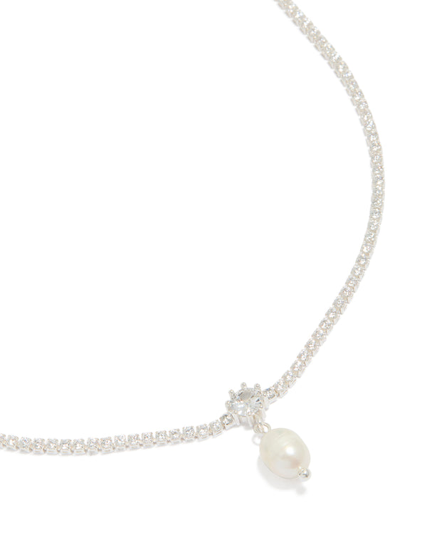 Silver Plated Cubic Zirconia & Freshwater Pearl Tennis Necklace