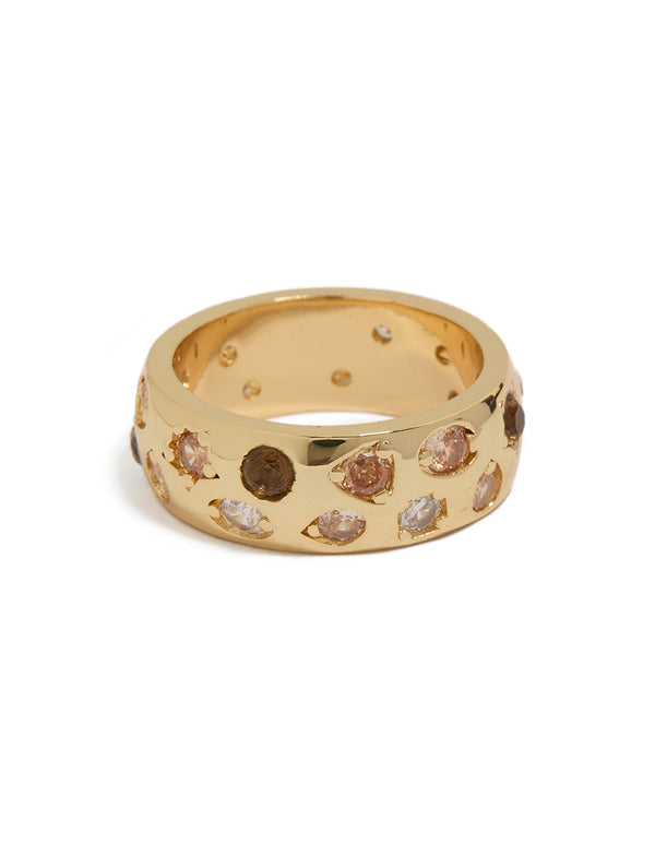 Showcasing a gold plated multicoloured cubic zirconia chunky band ring front view