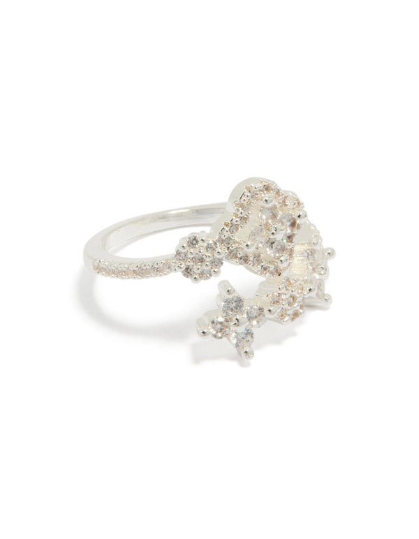 Showcasing a dainty silver plated cubic zirconia floral wrap ring with clear accents front view