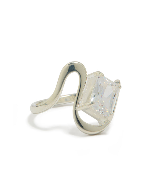 Beautifully crafted waterproof stainless steel wavy clear cubic zirconia statement ring in silver side detail view