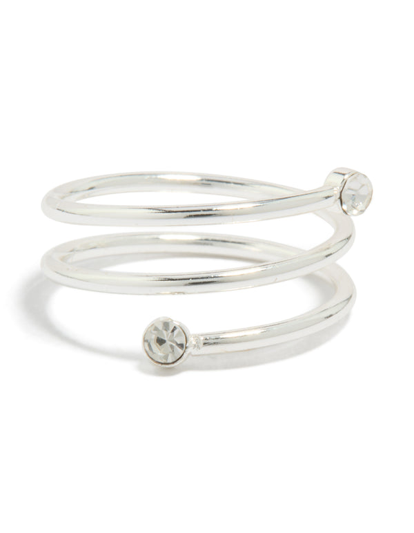 Showcasing a waterproof stainless steel diamante coil ring in silver and clear front view