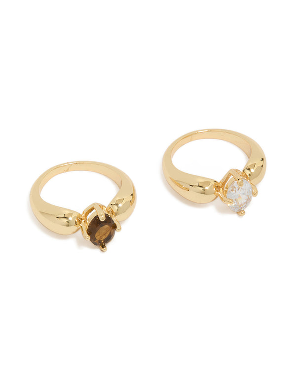 Gold Plated Cubic Zirconia Clear & Brown Puffy Rings 2-Pack