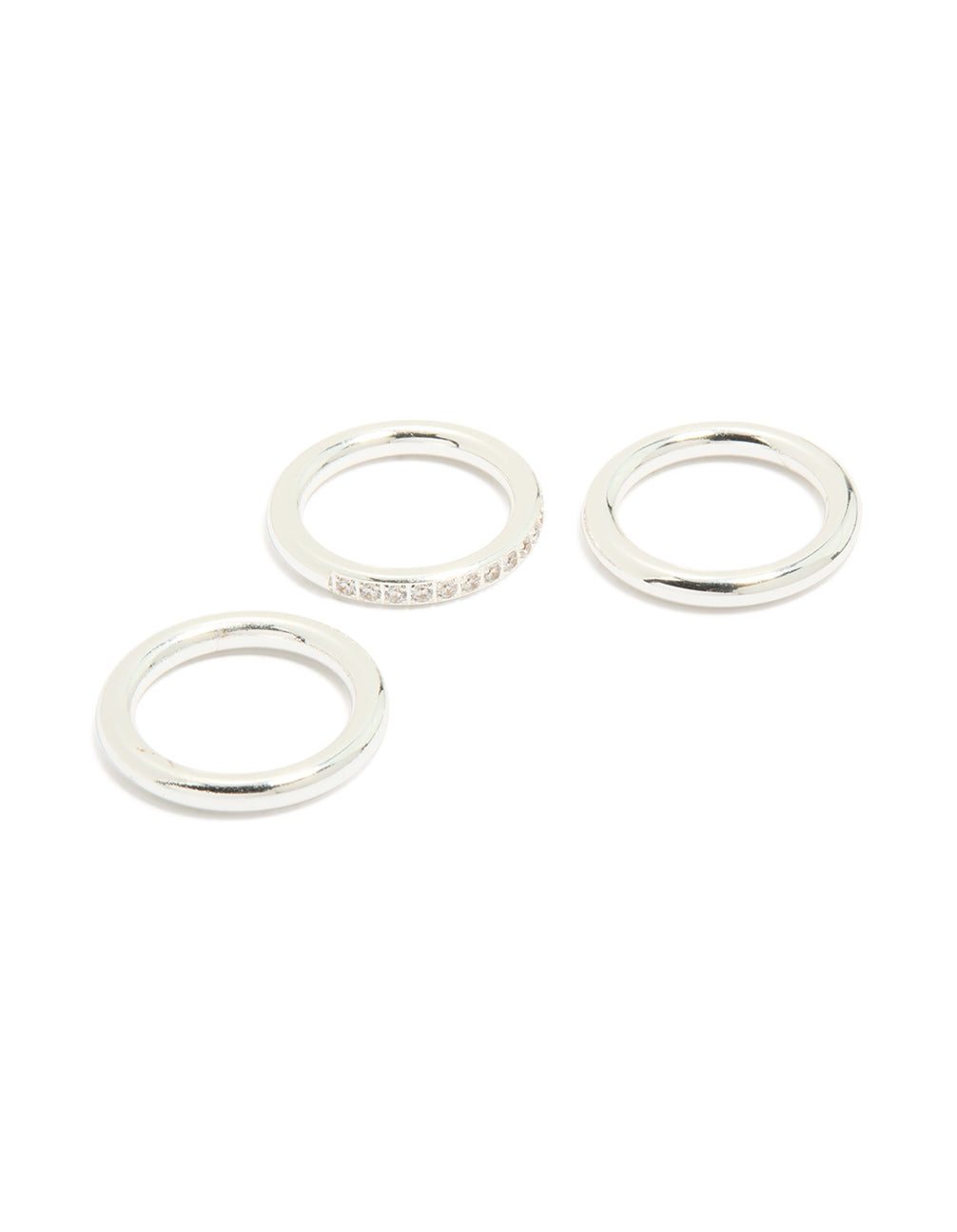 Showcasing waterproof stainless steel band stacking rings in a statement silver 3-pack front view