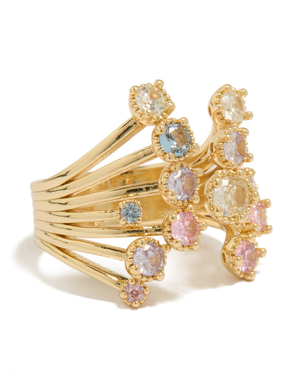 Showcasing a gold plated open ring featuring pink and blue cubic zirconia stones front view