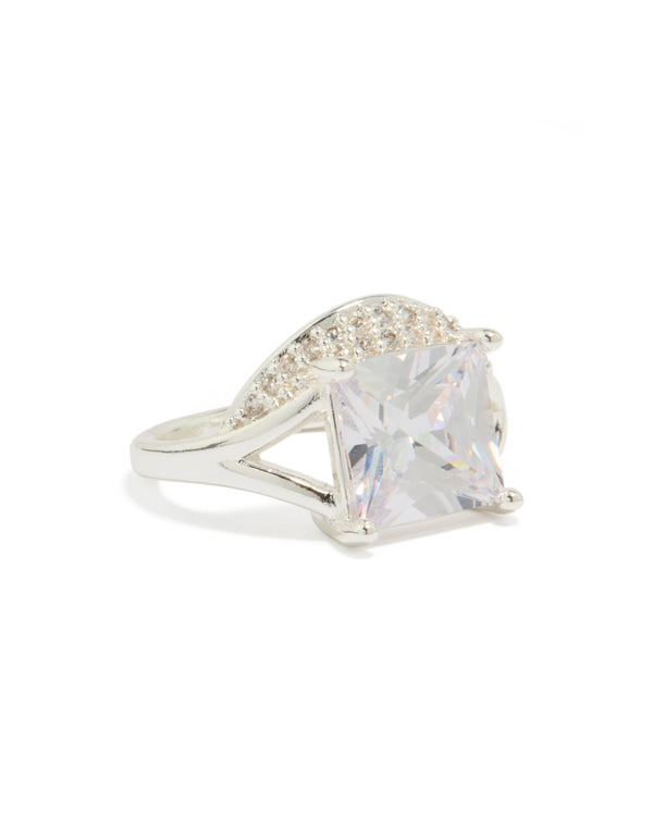 Showcasing a silver square pavé set cubic zirconia ring with statement style side detail view