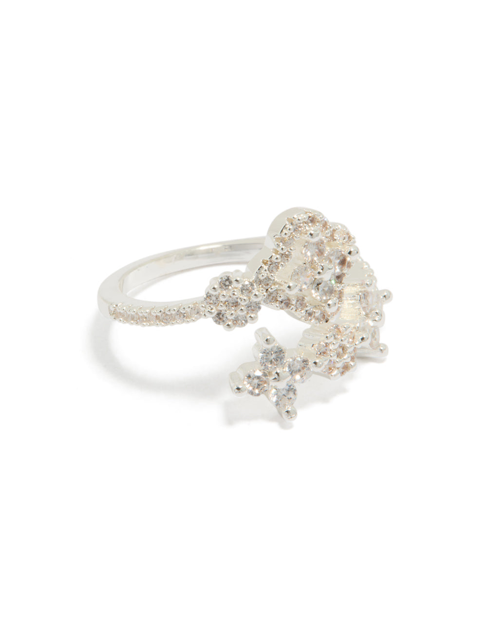 Showcasing a silver plated dainty cubic zirconia floral wrap ring in clear front view